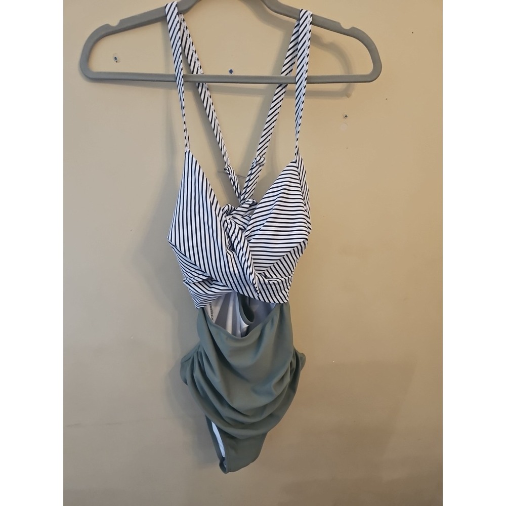 Eomenie Women‎ Swimsuit Oilve Green Black Strips Size Medium